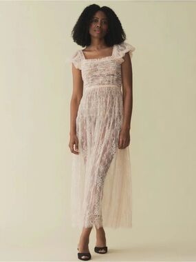 cesarina dress from den Costine - Vanilla the Josephine features exquisite ornate filet lace and embroidered panels DEN Heirloom Cesarina Dress (XS)